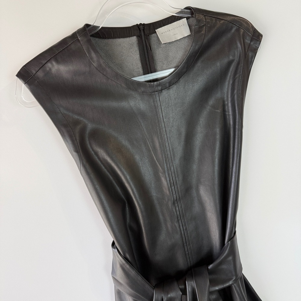 Modern Citizen Pilar Tie-Front Dress Women L Black Vegan Leather Midi MC20D94 - Picture 4 of 16